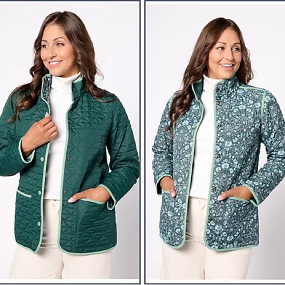 Lands End Jacket Womens Large Green Quilted Chore Field Barn Floral Reversible - Picture 8 of 8